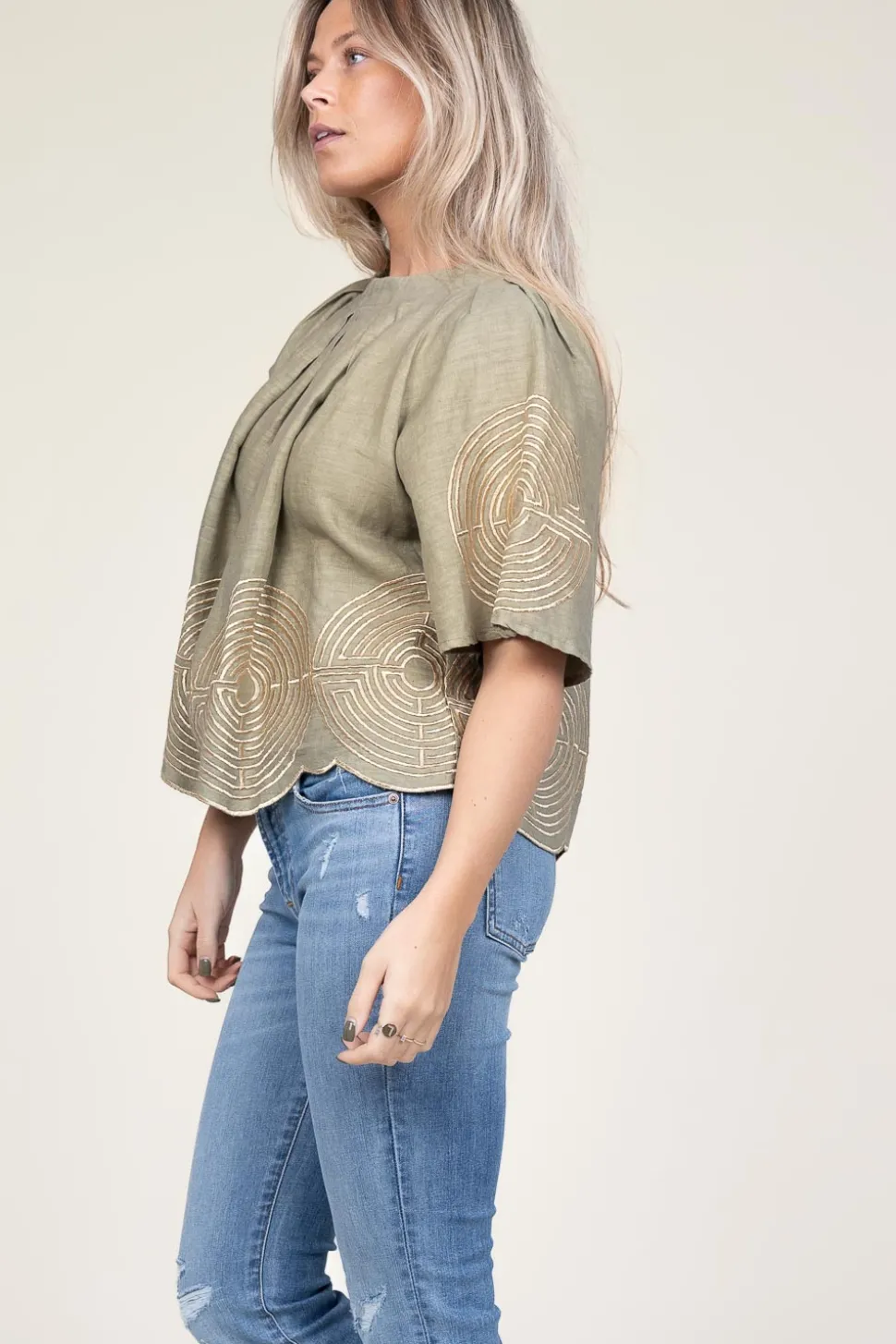 Top With Labyrinth Embroidery Kaat | Green... | Greek Archaic Kori | Little Soho