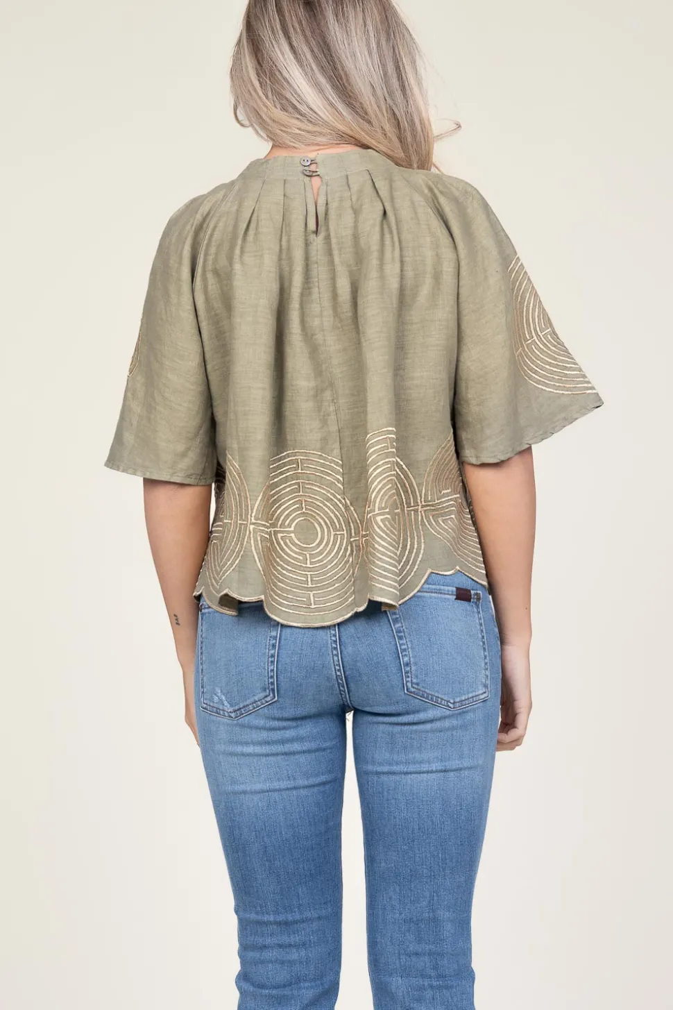 Top With Labyrinth Embroidery Kaat | Green... | Greek Archaic Kori | Little Soho