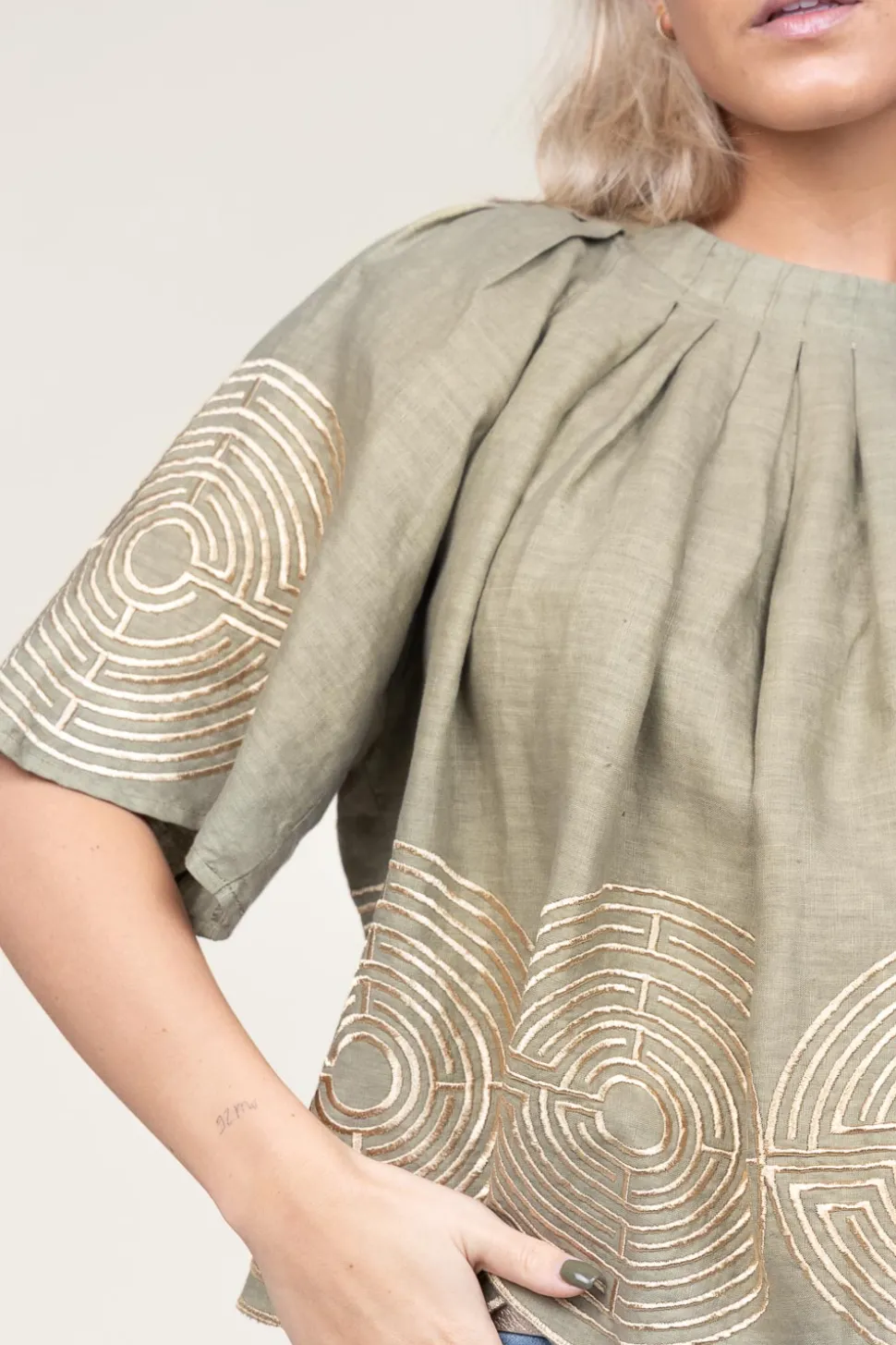 Top With Labyrinth Embroidery Kaat | Green... | Greek Archaic Kori | Little Soho