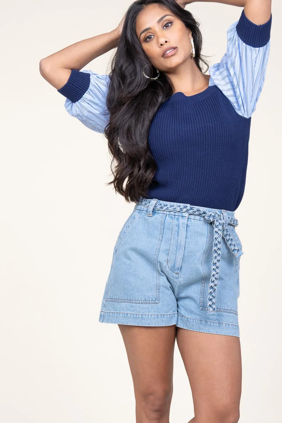 Tricot Top With Poplin Sleeves Erice | Blue... | Liu Jo | Little Soho