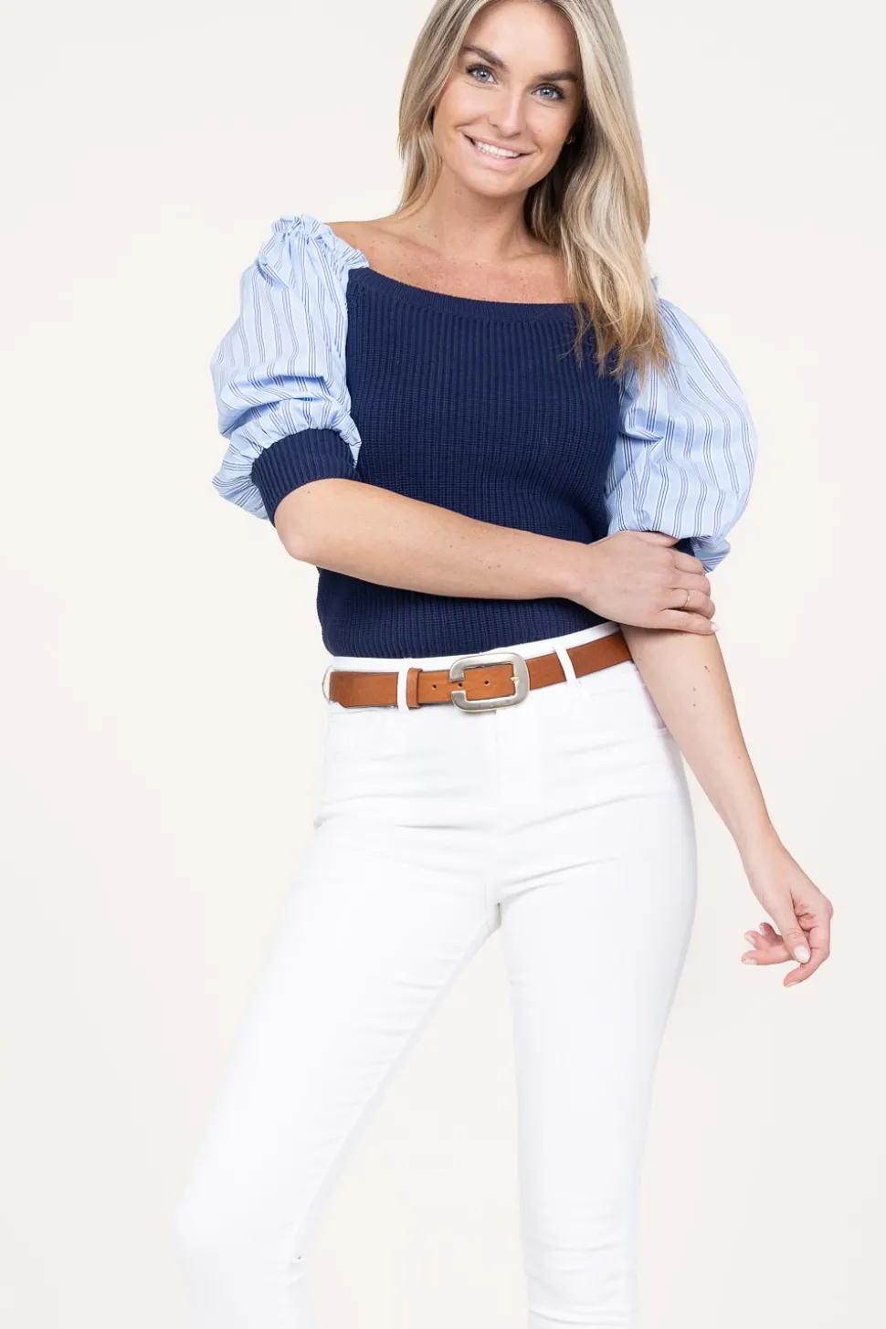 Tricot Top With Poplin Sleeves Erice | Blue... | Liu Jo | Little Soho