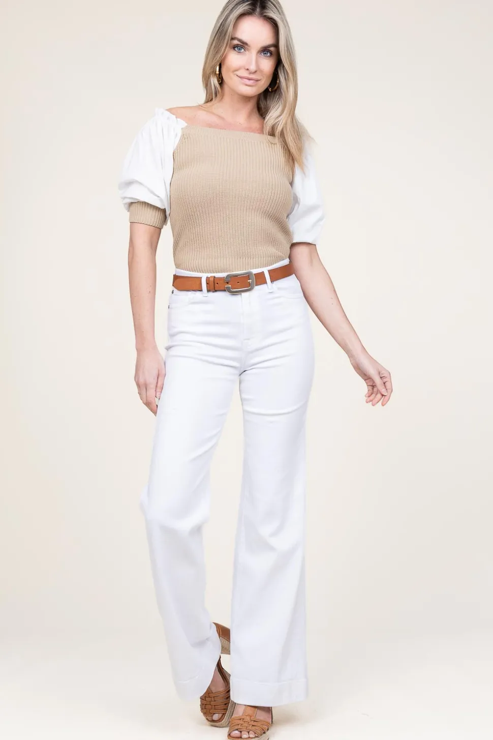 Tricot Top With Poplin Sleeves Erice | Beige... | Liu Jo | Little Soho