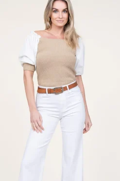 Tricot Top With Poplin Sleeves Erice | Beige... | Liu Jo | Little Soho