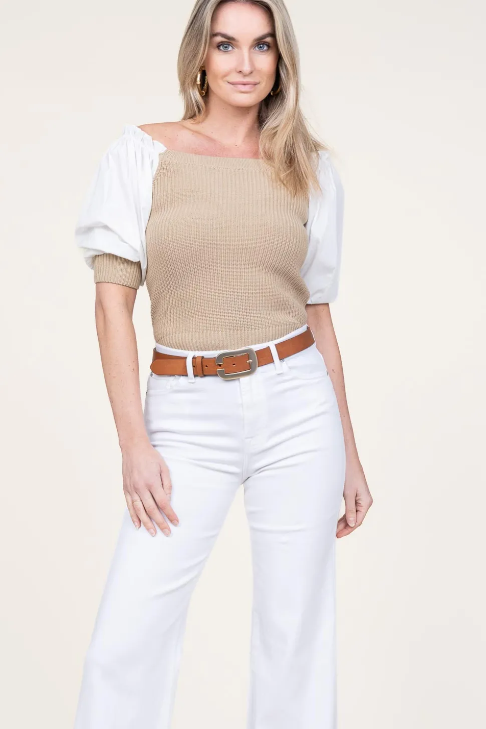 Tricot Top With Poplin Sleeves Erice | Beige... | Liu Jo | Little Soho