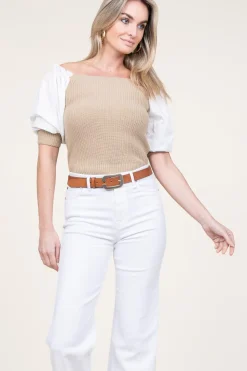 Tricot Top With Poplin Sleeves Erice | Beige... | Liu Jo | Little Soho