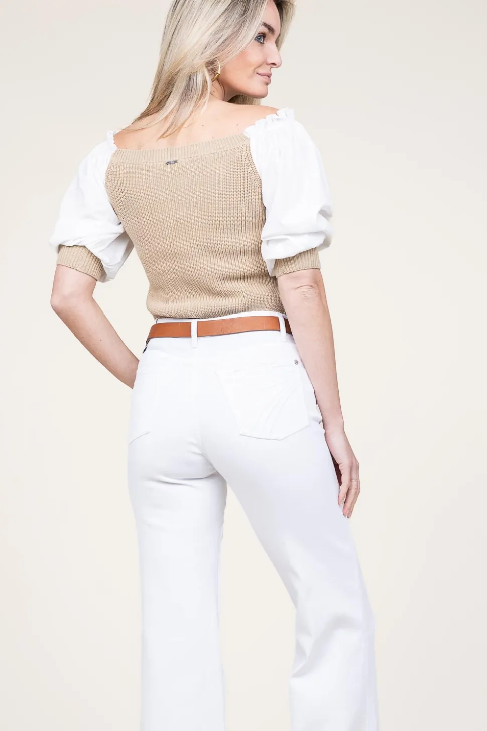 Tricot Top With Poplin Sleeves Erice | Beige... | Liu Jo | Little Soho