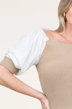 Tricot Top With Poplin Sleeves Erice | Beige... | Liu Jo | Little Soho