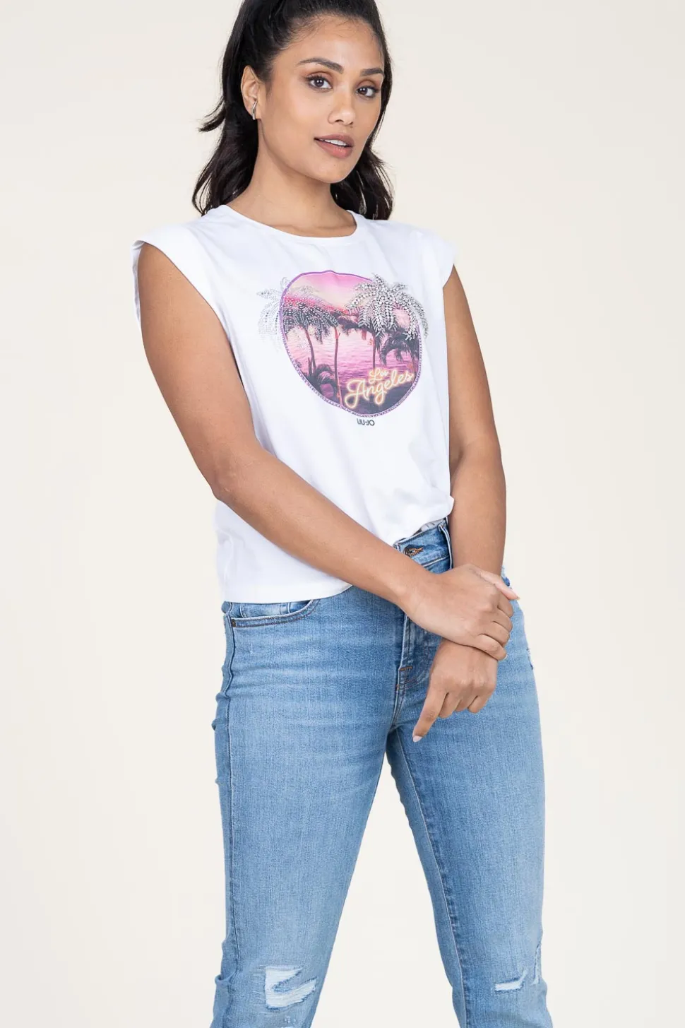 T-Shirt With Rhinestones Tangi | White... | Liu Jo | Little Soho