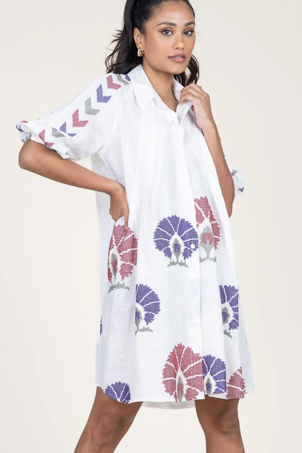 Tunic With Embroidery Peackock | Multi... | Greek Archaic Kori | Little Soho