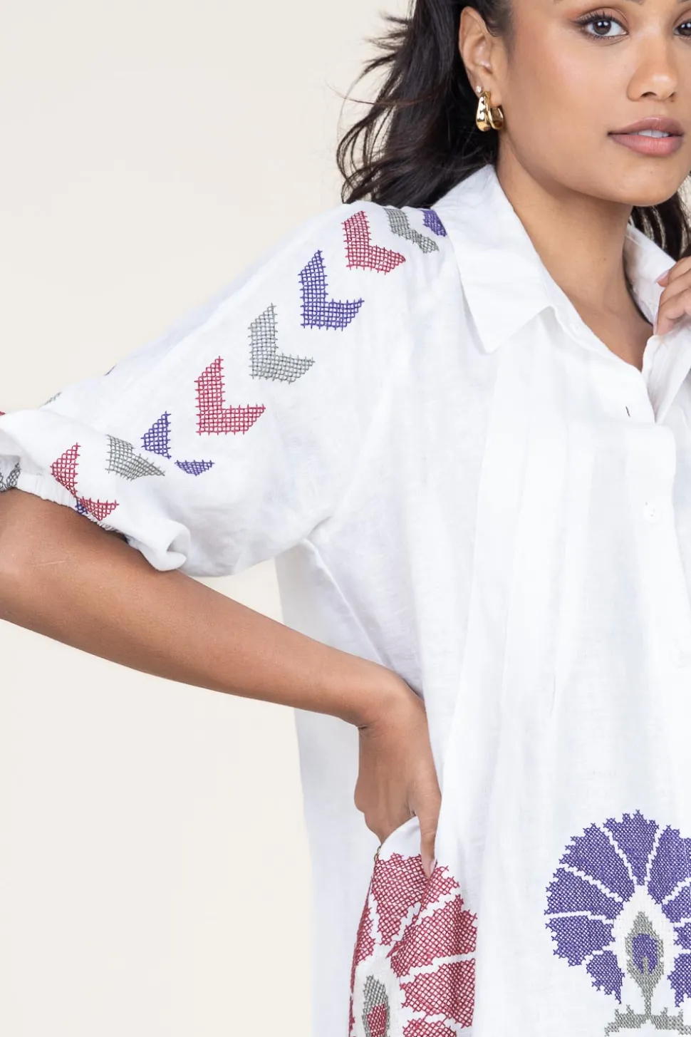 Tunic With Embroidery Peackock | Multi... | Greek Archaic Kori | Little Soho
