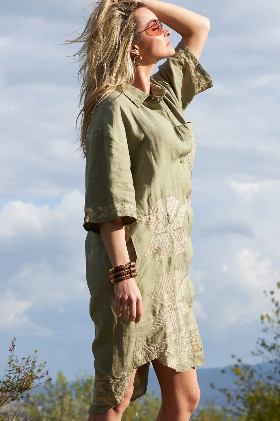 Tunic With Gold Colored Embroidery Livy | Green... | Greek Archaic Kori | Little Soho
