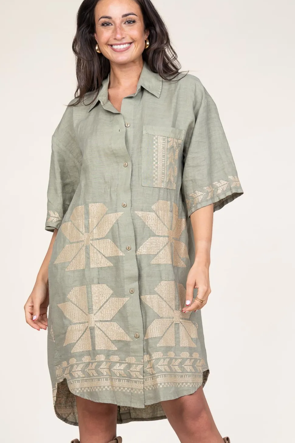 Tunic With Gold Colored Embroidery Livy | Green... | Greek Archaic Kori | Little Soho