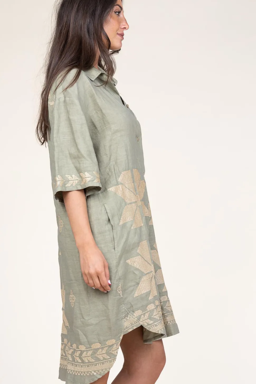 Tunic With Gold Colored Embroidery Livy | Green... | Greek Archaic Kori | Little Soho