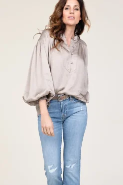 Viscose Top With Smocked Detail Tropa | Taupe... | Ibana | Little Soho